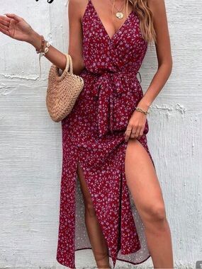 Floral Print High Slit Cami Maxi Dress | Red